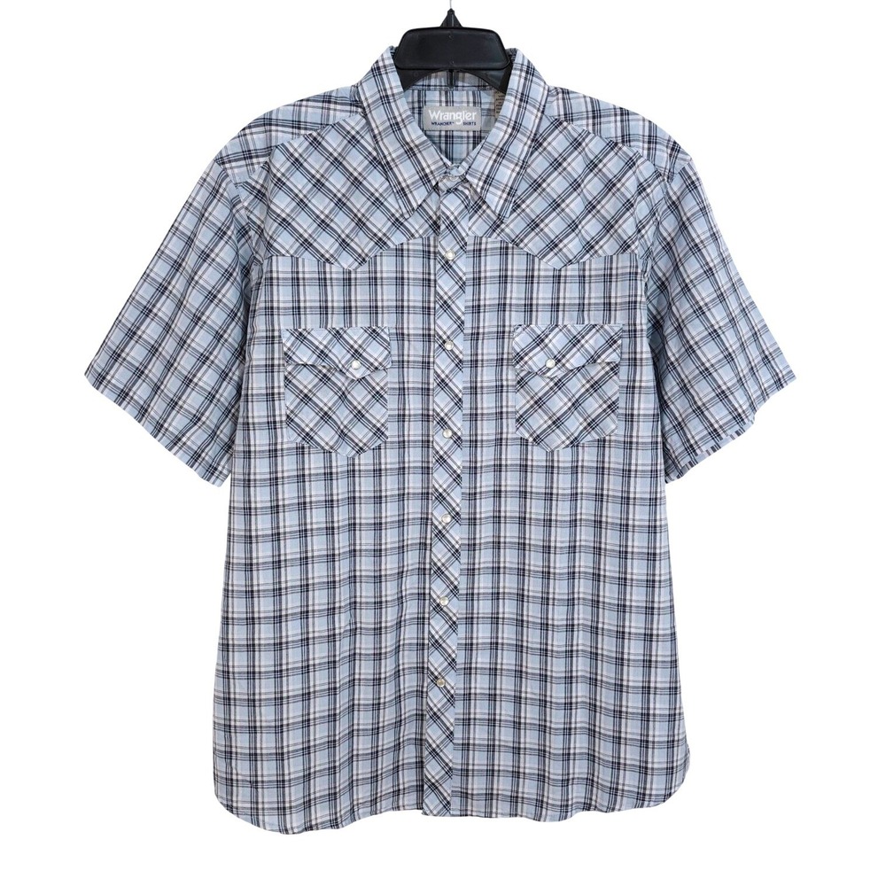 Wrangler Wrancher Mens XL Blue White Plaid Short Sleeve Pearl Snap Western Shirt